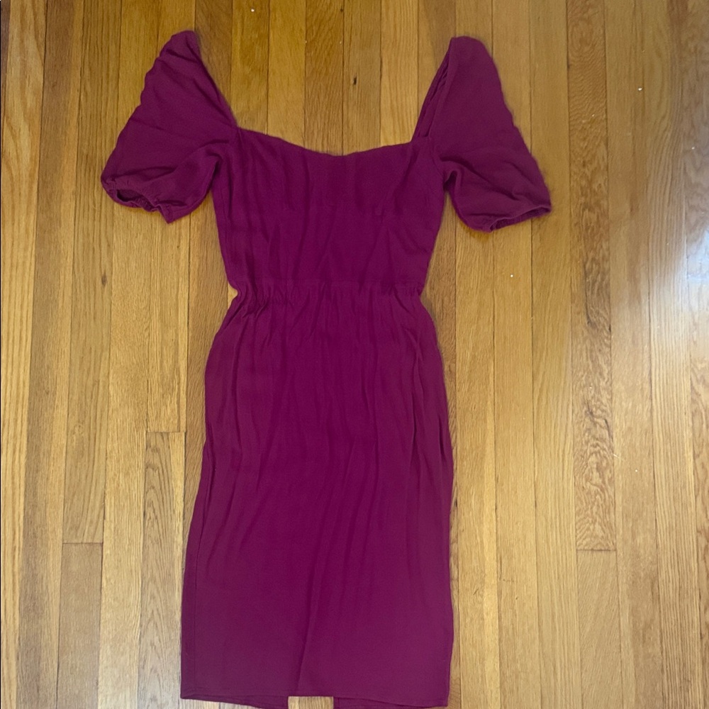 Reformation Burgundy Midi Dress with Puff Sleeves